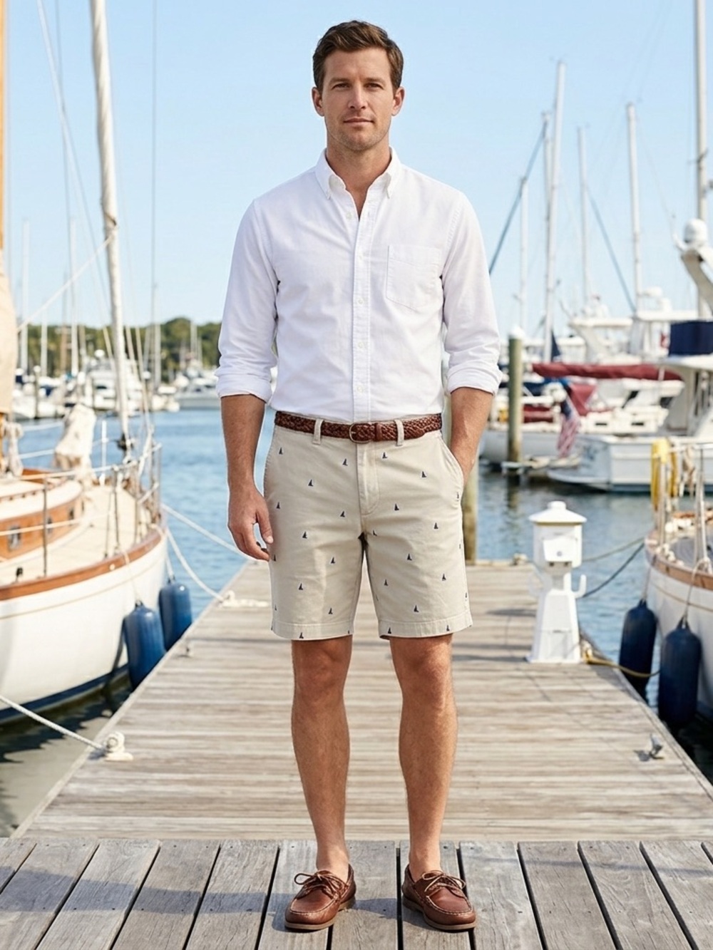 J CREW Men's Sailboat Prints Chinos Flat Front Casual Beige Shorts Size 28